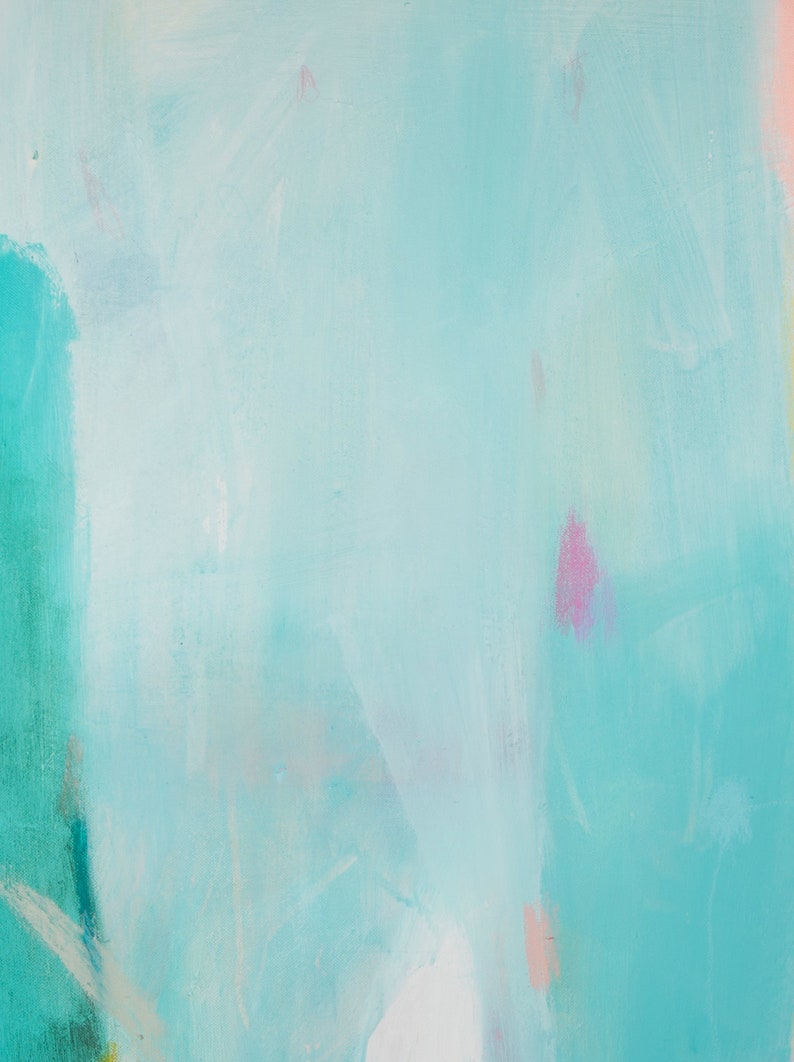 an abstract painting with blue, pink, and green colors