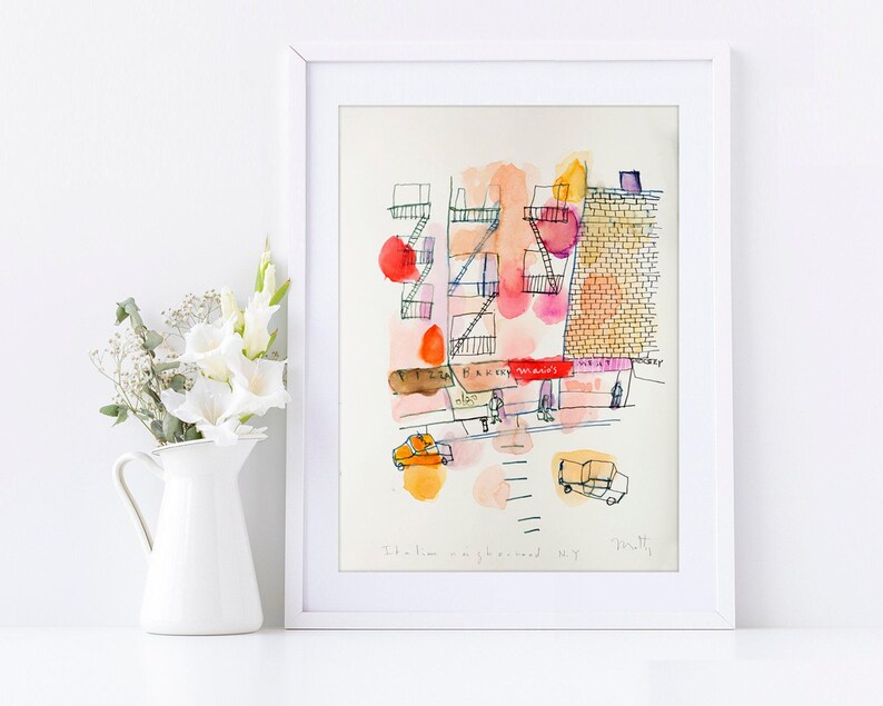 This is a new york sketch cityscape print in black with a beige background by Camilo Mattis