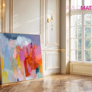 Impression de peinture abstraite rose et orange, grande oeuvre d'art murale vibrante, oeuvre d'art moderne colorée audacieuse