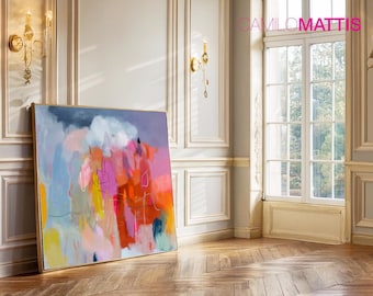 鮮やかなオレンジ色の絵画プリント、オレンジピンクの大きな抽象画