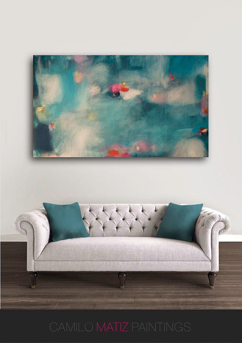 Teal and pink wall art abstract painting pond print large Etsy