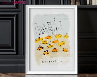 NYC yellow cabs watercolor drawing, New York City poster print wall art