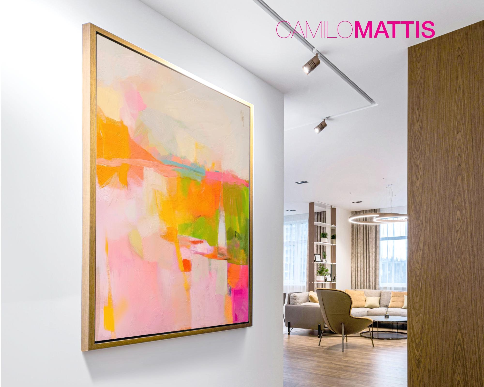 Bright Pink Abstract Landscape Art Print: Modern Living Room Decor