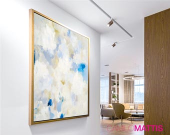 Light Blue abstract wall art, gold pastel canvas print, modern painting