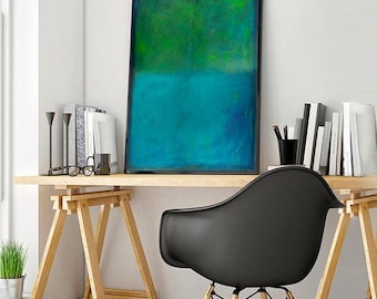 Large Green & Blue Abstract Painting: Geometric Giclee Print