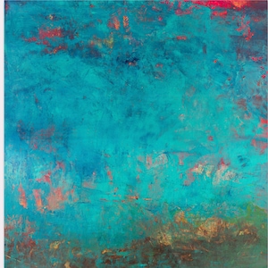 May include: Abstract painting with a textured surface. The artwork features a blend of turquoise, teal, and blue hues, accented with touches of red and orange. The lower portion has brown and green tones.
