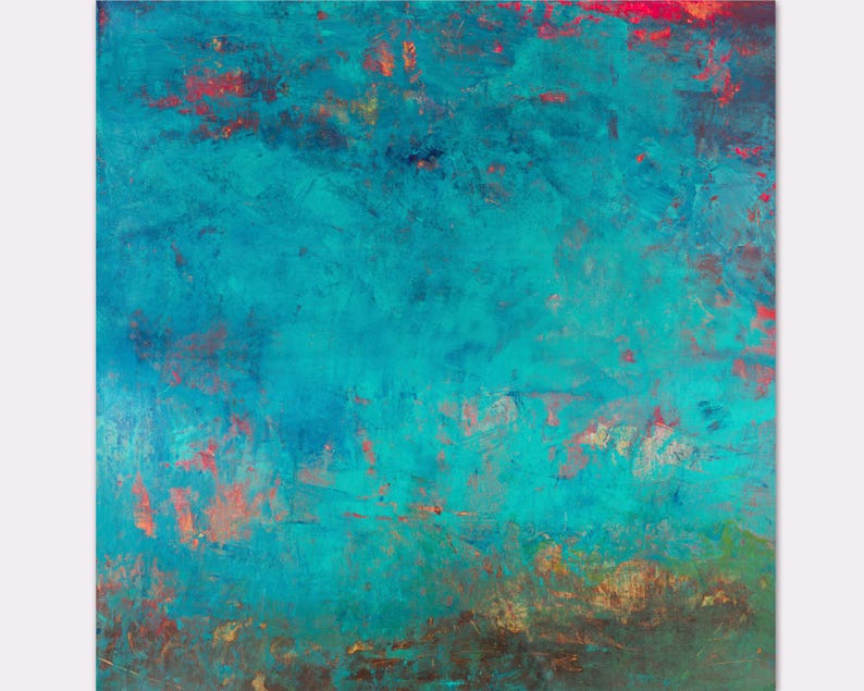 May include: Abstract painting with a textured surface. The artwork features a blend of turquoise, teal, and blue hues, accented with touches of red and orange. The lower portion has brown and green tones.