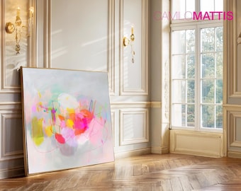 鮮やかなピンクとオレンジの抽象画キャンバス絵画 - モダンな壁の装飾