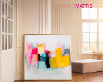 Yellow and orange abstract art print, large modern canvas wall decor