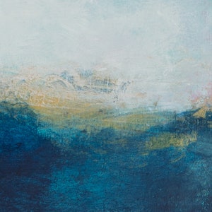 May include: Abstract painting with a blue and green color scheme. The painting features a light blue sky with white clouds and a dark blue ocean with hints of gold.