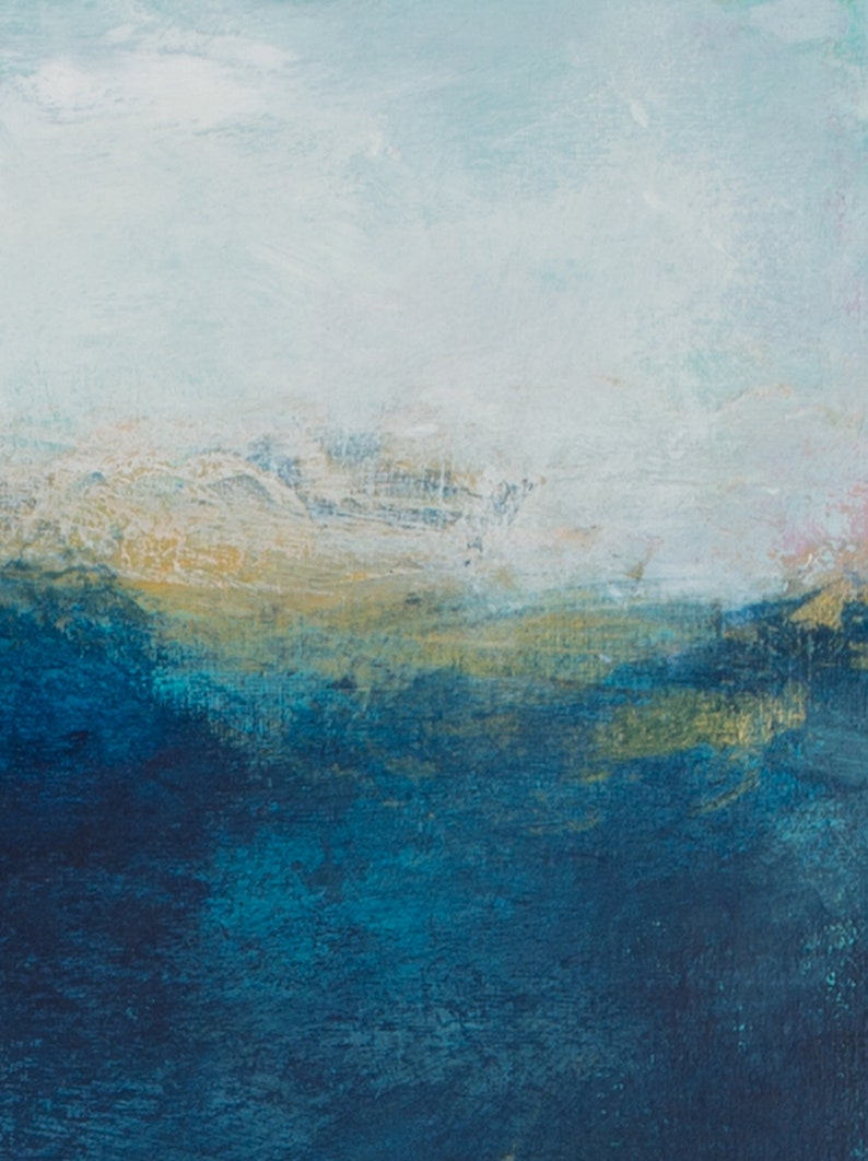 May include: Abstract painting with a blue and green color scheme. The painting features a light blue sky with white clouds and a dark blue ocean with hints of gold.