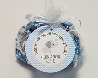Elephant Baby Boy Shower Favor Tags: Thanks For Showering Our Little Peanut With Love!, Light Blue Elephant Thank You Tag, Printed Tags
