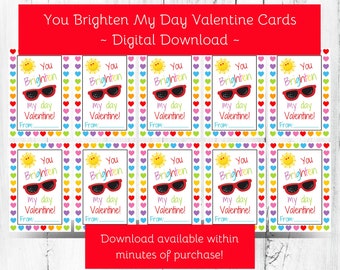 Printable You Brighten My Day Valentine Favor Tag, Kids Classroom Red Sunglasses Valentine's Day Tag, Preschool Non-Candy Valentine Tag