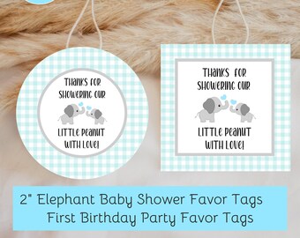 May include: Two blue and white gingham favor tags with gray elephants and the text "Thanks for showering our little peanut with love!"  These 2 inch tags are perfect for a baby shower or first birthday party.