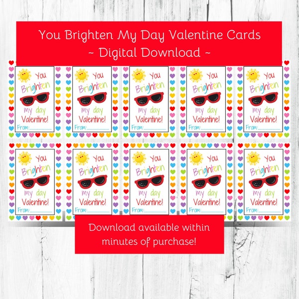 Printable You Brighten My Day Valentine Favor Tag, Kids Classroom Red Sunglasses Valentine's Day Tag, Preschool Non-Candy Valentine Tag