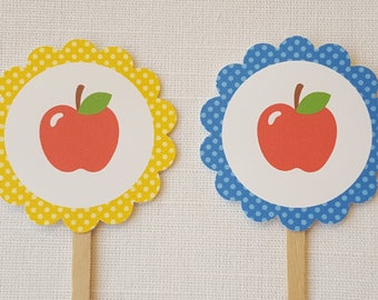 Red Apple Cupcake Toppers- First Birthday Party / Baby Shower, Yellow & Blue, Set of 12
