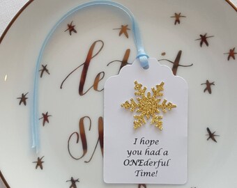 Gold Snowflake Winter Wonderland First Birthday Party Favor Tags: I hope you had a ONEderful Time!, Set of 12, Snowflake 1st Birthday