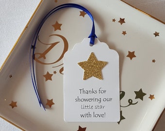 Gold Star Baby Boy Shower Favor Tag: Thanks for showering our little star with love!, Twinkle Little Star Birthday Party, 12 Tags  S1