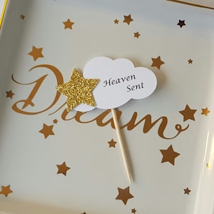 Gold Star on White Cloud &#39;Heaven Sent&#39; Baby Shower Cupcake Toppers, Set of 12