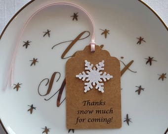 White Snowflake 'Thanks Snow Much For Coming!' Birthday Party Favor Tags, Set of 12, White & Pink Winter Wedding, Princess Shower