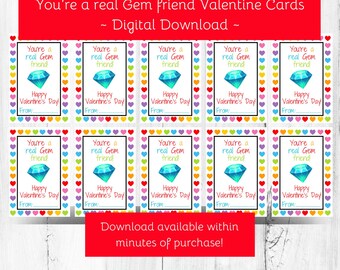 Printable You're a Real Gem Friend Valentine's Day Card Favor Tag, Kids Classroom Heart Gem Candy Ring Valentine Card, Preschool Valentine