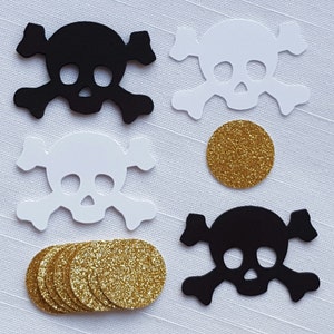 Pirate Confetti, Black & White Skull Crossbones, Gold Glitter Coin, First Birthday Pirate Party, Baby Boy Shower, Table Scatter, 50 Pieces