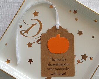 Orange Pumpkin Fall Baby Shower Favor Tags: Thanks for showering our little pumpkin with love!, Set of 12, Baby Boy Girl First 1st Birthday