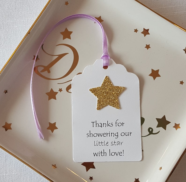 Gold Star Baby Girl Shower Favor Tag Twinkle Little Star Birthday Party Set of 12 Thanks for showering our little star with love!