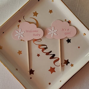 White Snowflake on Pink Cloud &#39;It&#39;s a Girl & Welcome Baby&#39; Shower Cupcake Toppers, Set of 12, Winter Wonderland Baby Girl Shower