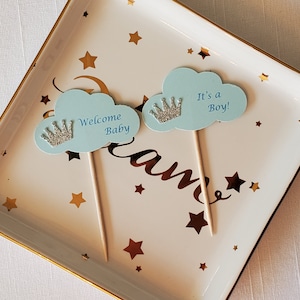 Silver Prince Crown on Light Blue Cloud &#39;It&#39;s a Boy & Welcome Baby&#39; Royal Shower Cupcake Toppers, Set of 12, Food Pick, Cloud Cake Pick