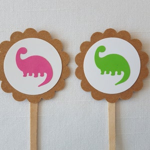 Pink & Green Dinosaur Cupcake Toppers, Set of 12 // Dino Birthday Party Decoration // Baby Girl Shower Cupcake food Pick