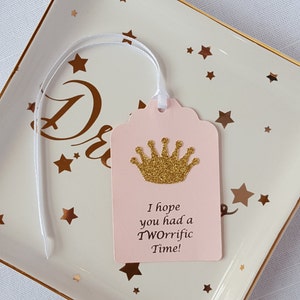 Gold Princess Crown 2nd Birthday Party Favor Tags: I hope you had a TWOrrific Time!, Set of 12, Pink Princess Second Birthday Tag