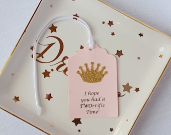 Gold Princess Crown 2nd Birthday Party Favor Tags: I hope you had a TWOrrific Time!, Set of 12, Pink Princess Second Birthday Tag