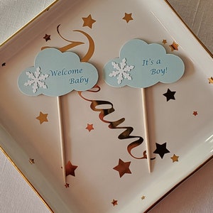 White Snowflake on Light Blue Cloud &#39;It&#39;s a Boy! & Welcome Baby&#39; Shower Cupcake Toppers, Set of 12, Winter Wonderland Baby Boy Shower