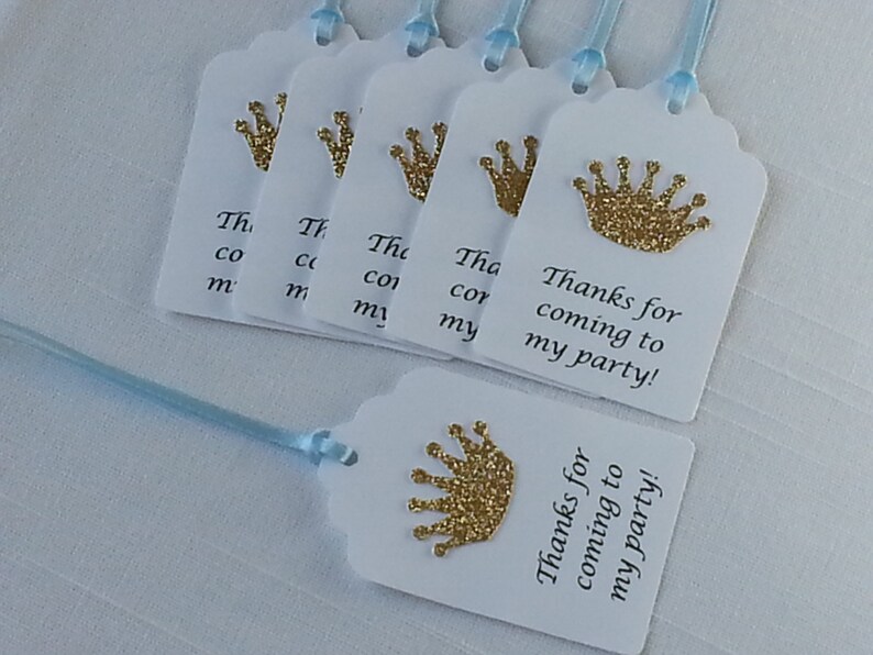 Gold Royal Prince Princess Crown Party Favor Tags: Thanks for coming to my party Blue Royal Baby Shower, Quinceanera Thank You, Printed Tag image 5