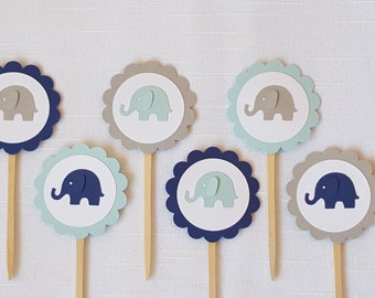Elephant Cupcake Toppers Set of 12, Navy Blue, Light Blue & Gray, Little Peanut Boy Baby Shower, Elephant Themed Birthday Party Cake Pick