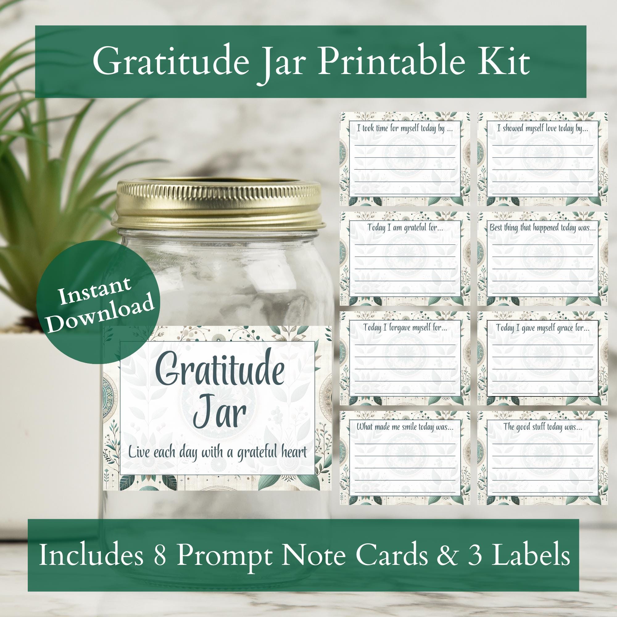 Gratitude Jar Kit Printable, Year of Gratitude Kit, Self Love Kit, Happiness Kit, 8 Prompt Cards, Green Zen, Not Editable