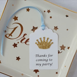 Gold Royal Prince Princess Crown Party Favor Tags: Thanks for coming to my party Blue Royal Baby Shower, Quinceanera Thank You, Printed Tag image 1