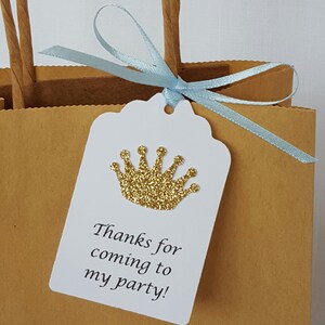 Gold Royal Prince Princess Crown Party Favor Tags: Thanks for coming to my party Blue Royal Baby Shower, Quinceanera Thank You, Printed Tag image 3