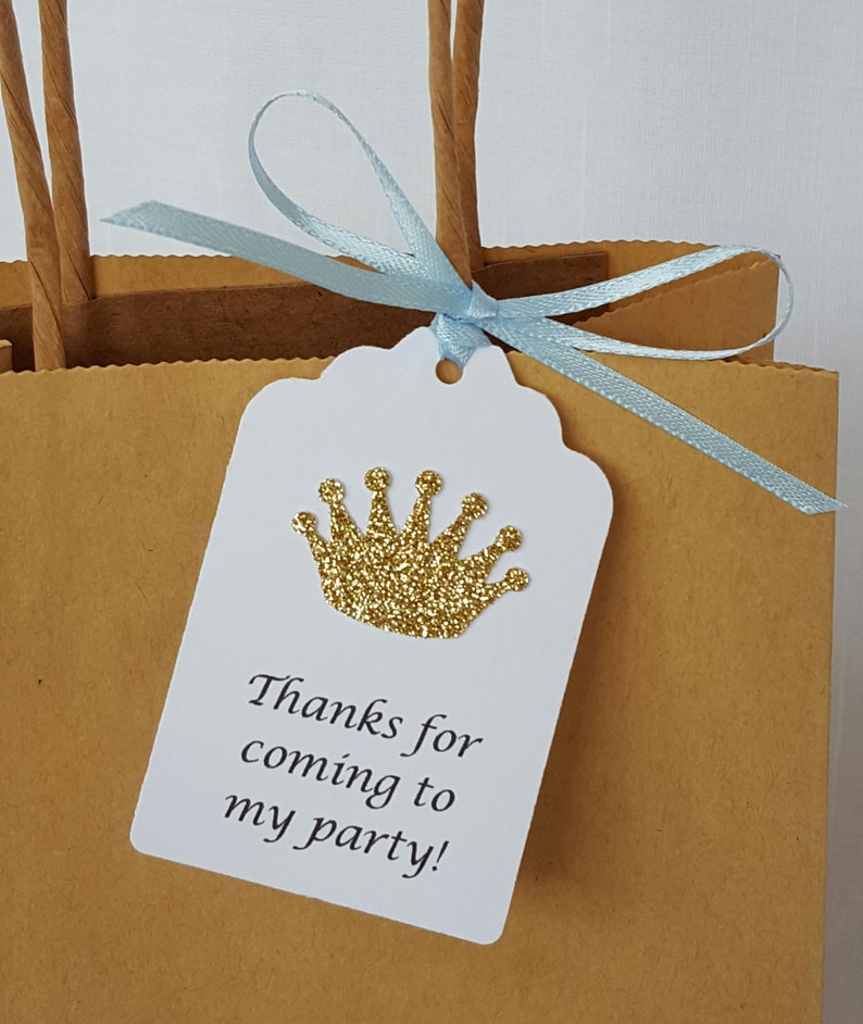 Gold Royal Prince Princess Crown Party Favor Tags: Thanks for coming to my party Blue Royal Baby Shower, Quinceanera Thank You, Printed Tag image 3