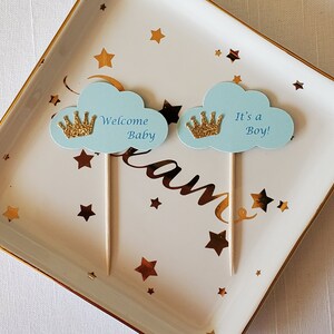 Gold Prince Crown on Light Blue Cloud &#39;It&#39;s a Boy & Welcome Baby&#39; Royal Shower Cupcake Toppers, Set of 12, Food Pick, Cake Pick, Cloud Party