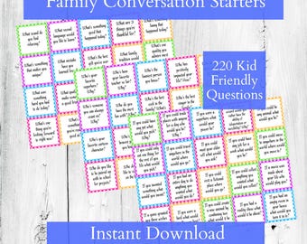 220 Conversation Starter Cards, Kid Friendly Family Dinner Conversation Questions, Road Trip Conversation Cards, Icebreaker Game, Printable