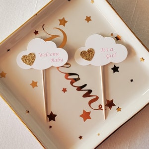 Gold Heart on Cloud &#39;It&#39;s a Girl & Welcome Baby&#39; Shower Cupcake Toppers, Set of 12, Little Love Baby Shower Food Picks, Heaven Sent Topper