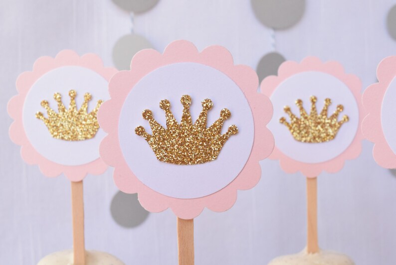 Pink & Gold Princess Crown Birthday Party Cupcake Toppers, Pink Royal ...