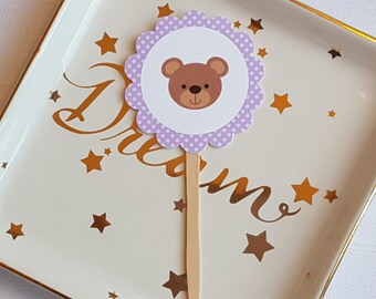 Brown Bear Cupcake Toppers- First Birthday Party / Baby Shower, Lavender & Brown, Set of 12