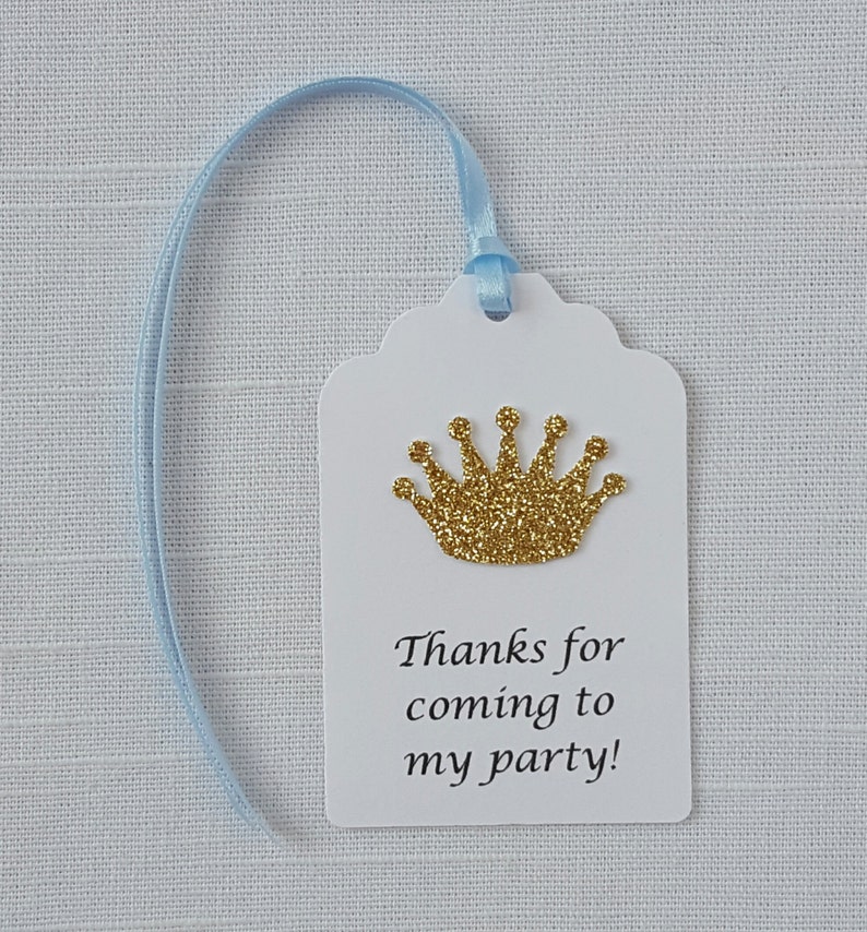 Gold Royal Prince Princess Crown Party Favor Tags: Thanks for coming to my party Blue Royal Baby Shower, Quinceanera Thank You, Printed Tag image 4