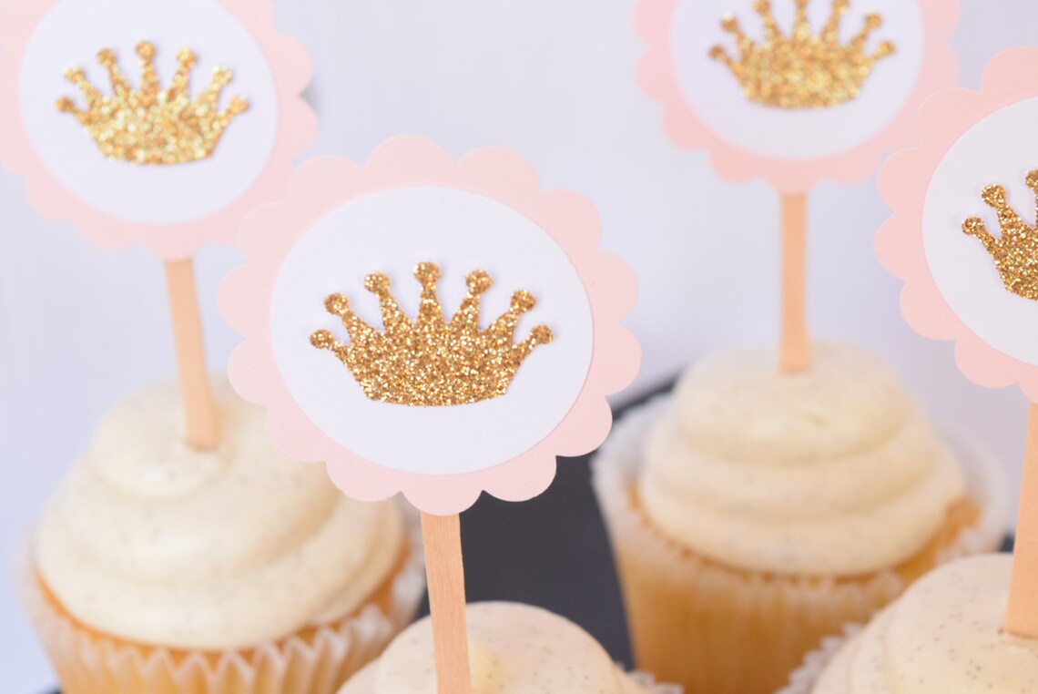 Pink & Gold Princess Crown Birthday Party Cupcake Toppers | Etsy