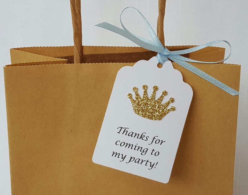 Gold Royal Prince Princess Crown Party Favor Tags: Thanks for coming to my party Blue Royal Baby Shower, Quinceanera Thank You, Printed Tag image 2