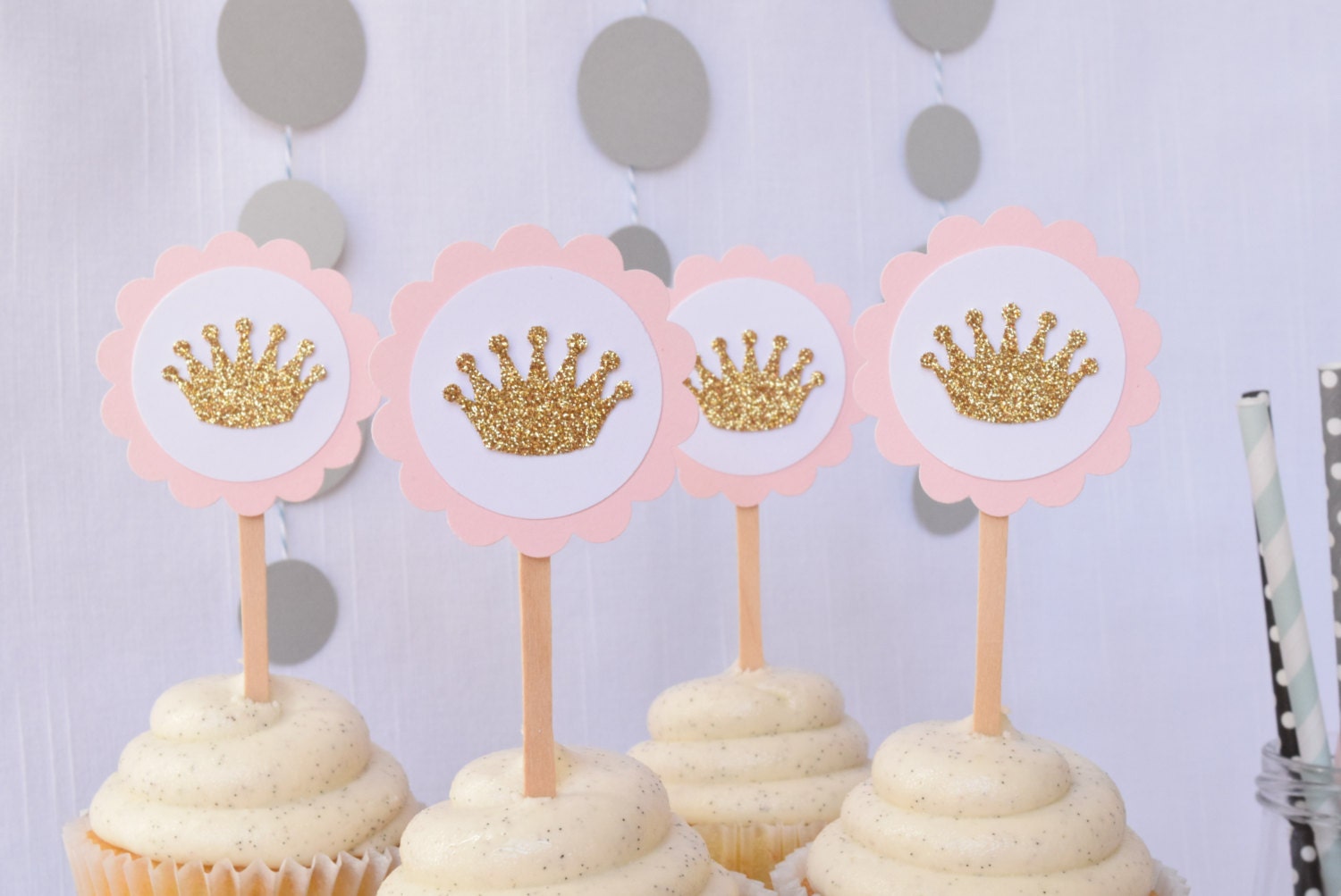 ZHUOWEISM 24 PCS Gold Glitter Princess Crown Cupcake Toppers - Baby Shower, Birthday, Wedding Cake Decorations