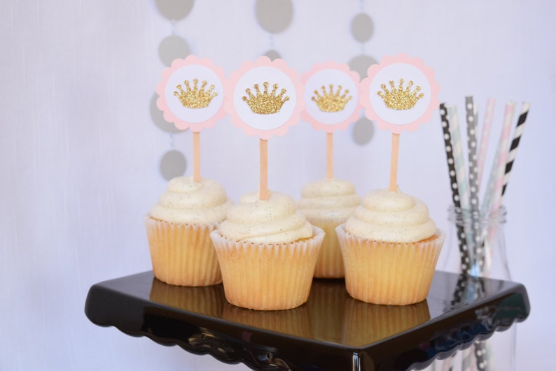 Pink & Gold Princess Crown Birthday Party Cupcake Toppers, Pink Royal ...